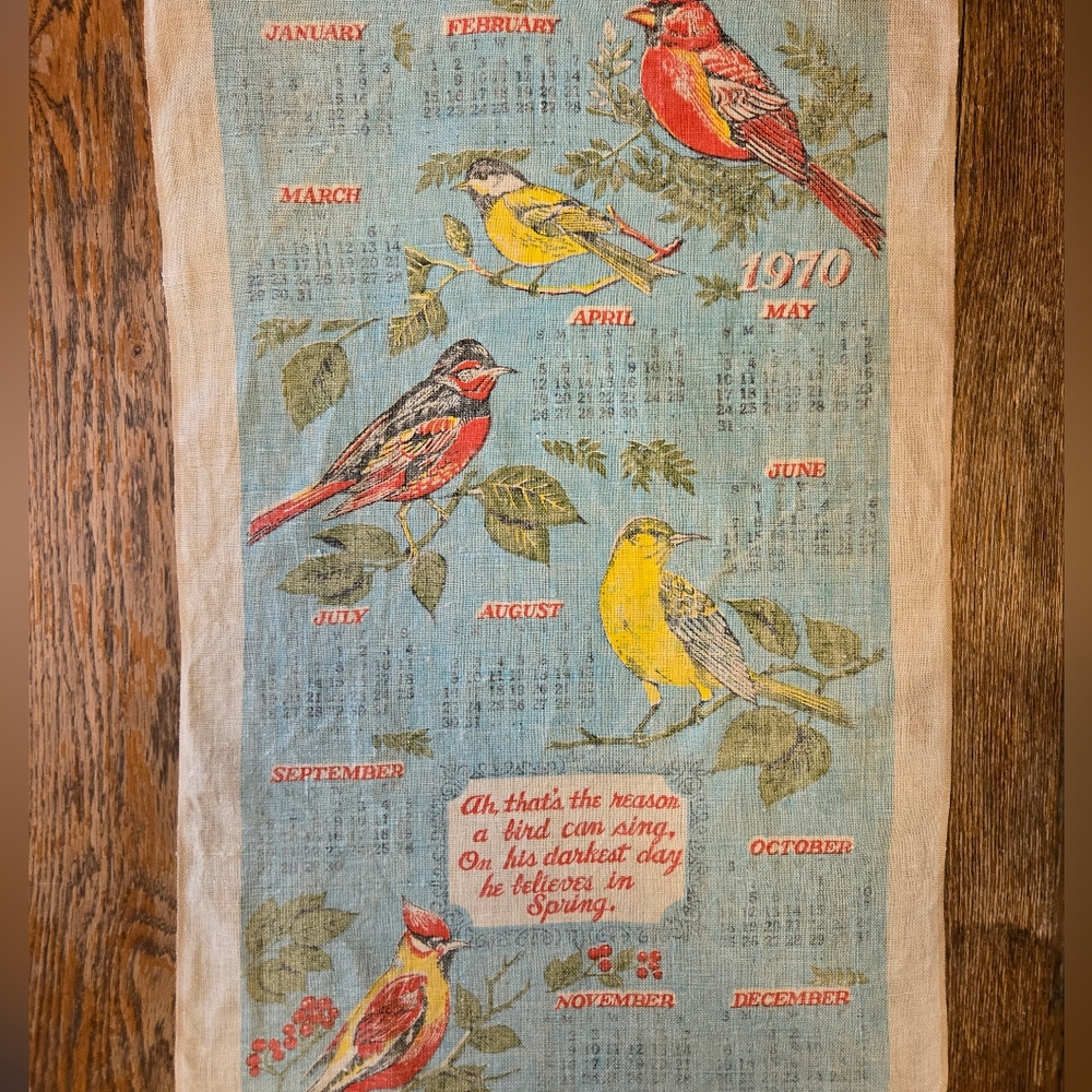 1970 Tea Towel Linen Calendar Wall Hanging Vintage Birds Perched on Branches